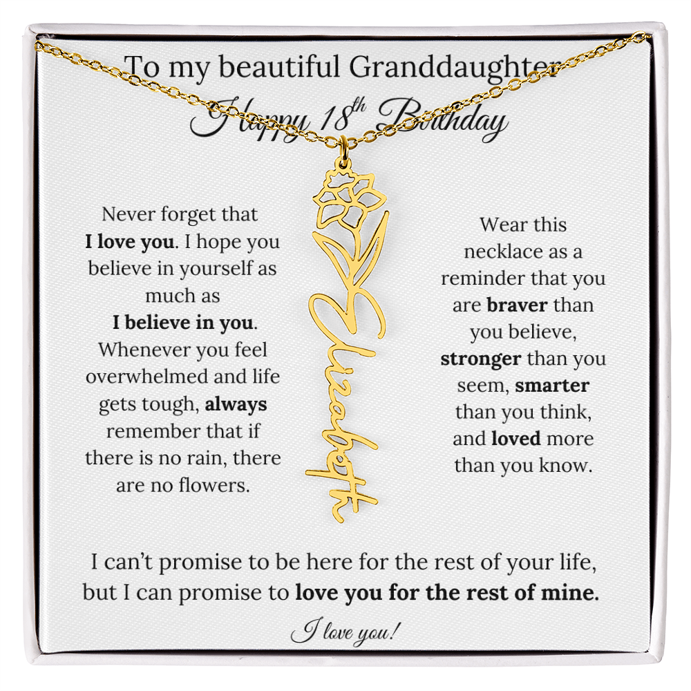 18th Birthday Gift for Granddaughter Flower Name Necklace with Message Card