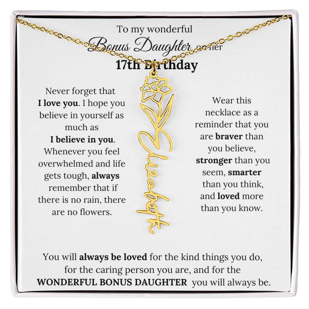 To My Wonderful Bonus Daughter On Her 17th Birthday | I Love You | Flower Name Necklace