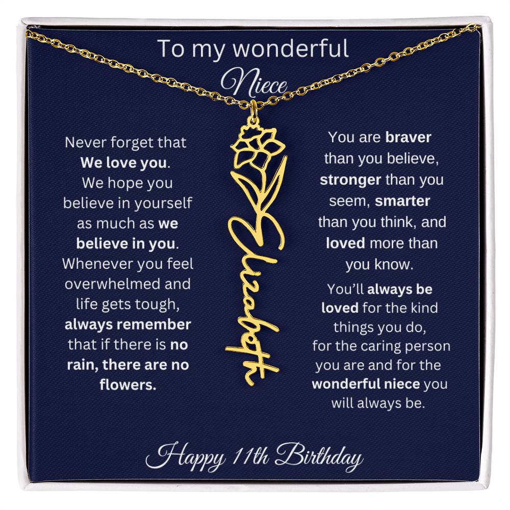 11th Birthday Gift For Niece - Personalized Birthmonth Flower Name Necklace