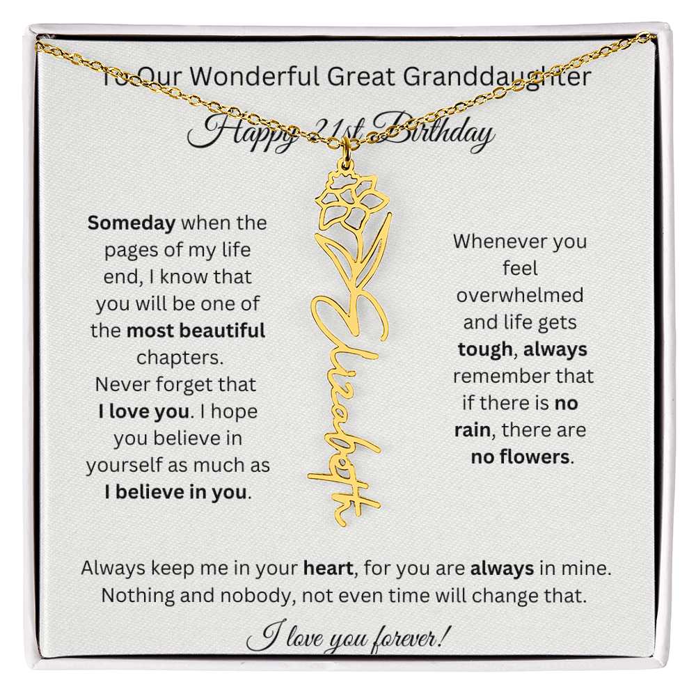 Birthflower Name Necklace To My Great Granddaughter's 21st Birthday