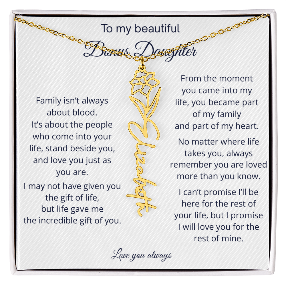 Bonus Daughter Jewelry Gift - Personalized Birth Flower Name Necklace