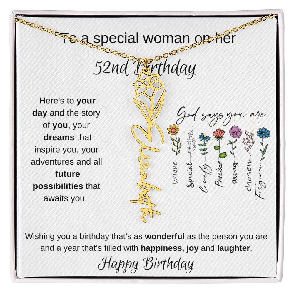 To A Special Woman On Her 52nd Birthday - Flower Name Necklace
