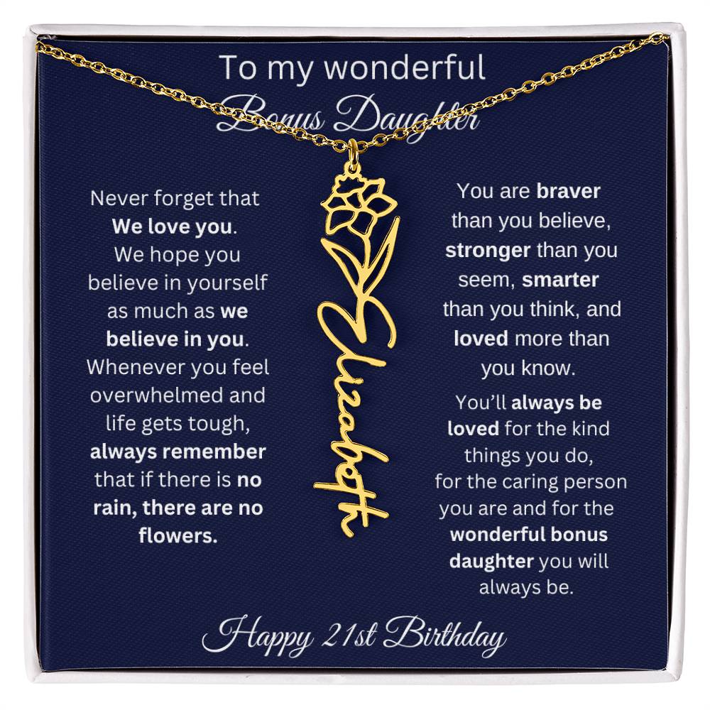 21st Birthday Gift For Bonus Daughter - Personalized Birthmonth Flower Name Necklace