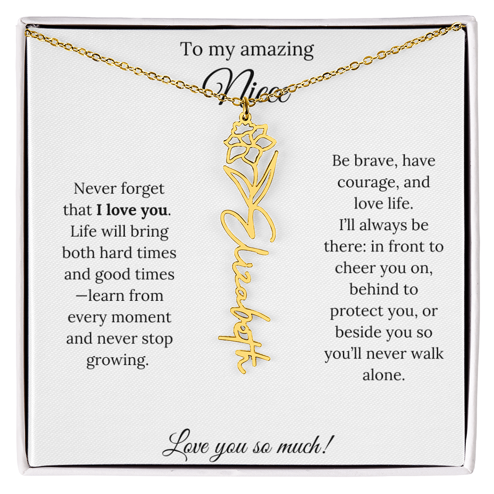 Niece Gift – Birth Flower Name Necklace + Inspiring Message Card