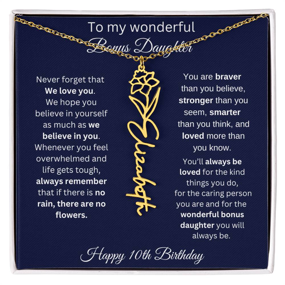 10th Birthday Gift For Bonus Daughter - Personalized Birthmonth Flower Name Necklace