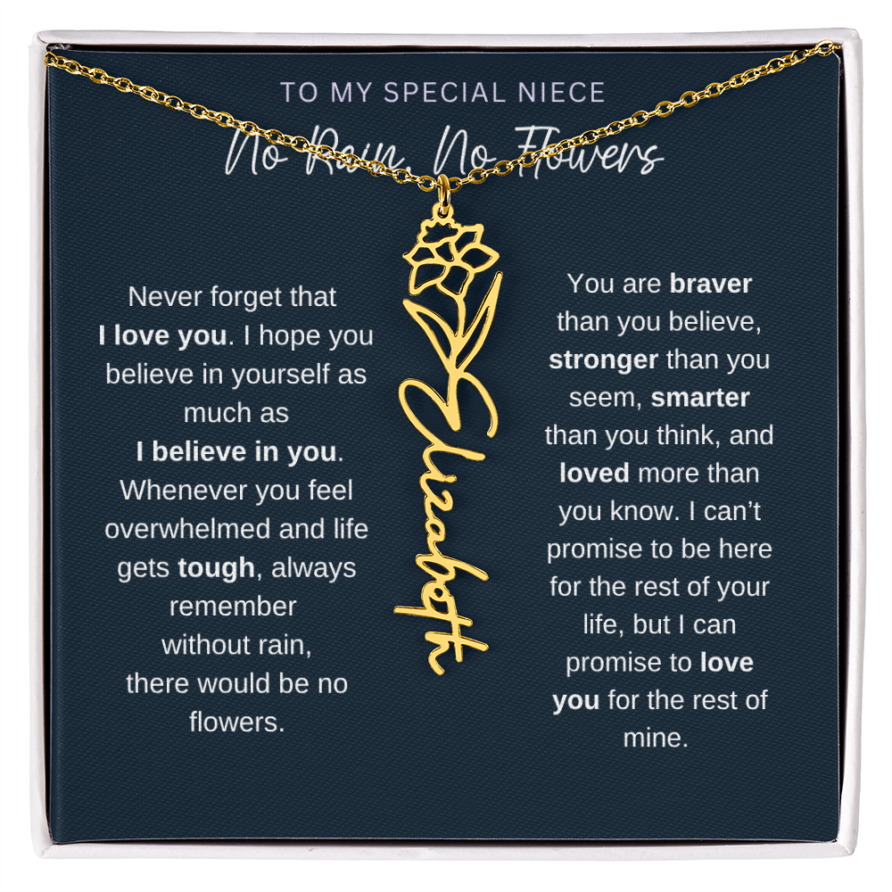 To My Special Niece | No Rain, No Flowers | Birth Flower Name Necklace