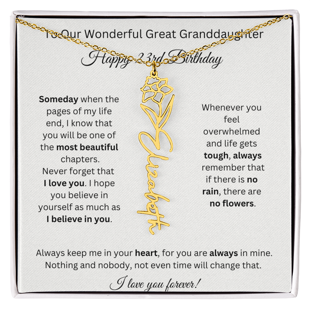 Birthflower Name Necklace To My Great Granddaughter's 23rd Birthday