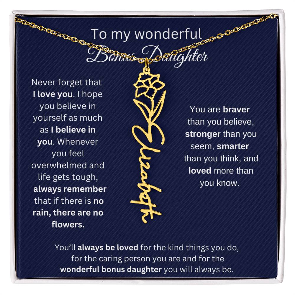 To My Wonderful Bonus Daughter - I Love You - Flower Name Necklace