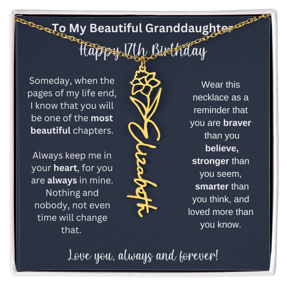 17th Birthday Gift For Granddaughter | Personalized Birth Flower Name Necklace