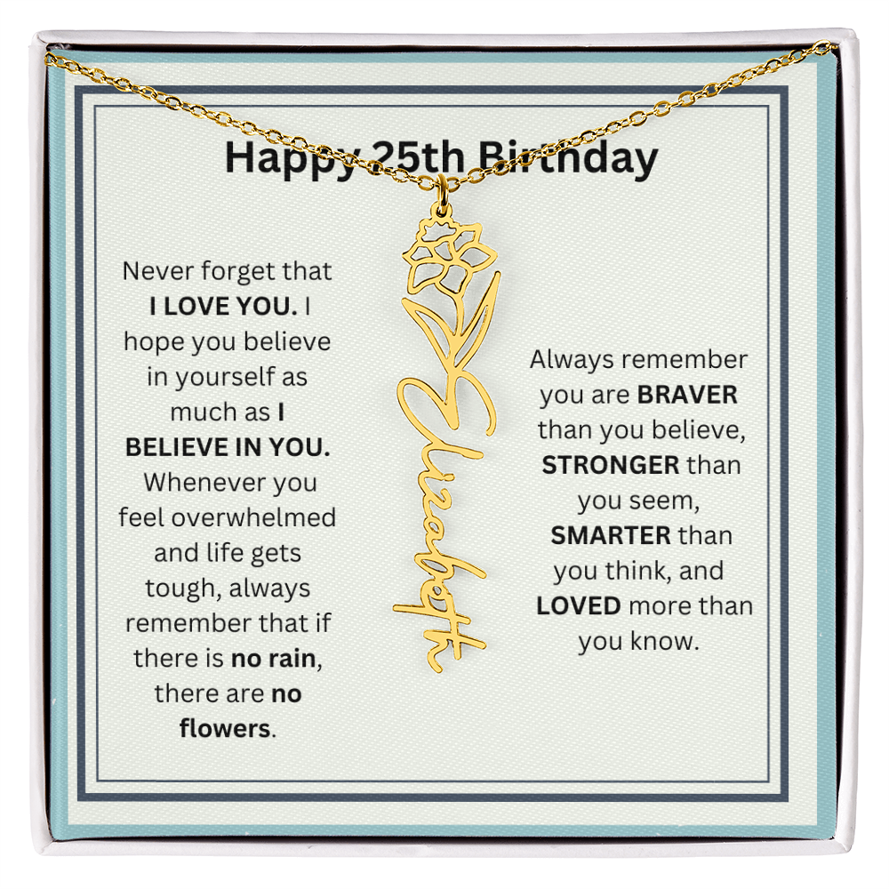 Personalized 25th Birthday Flower Name Necklace Gift