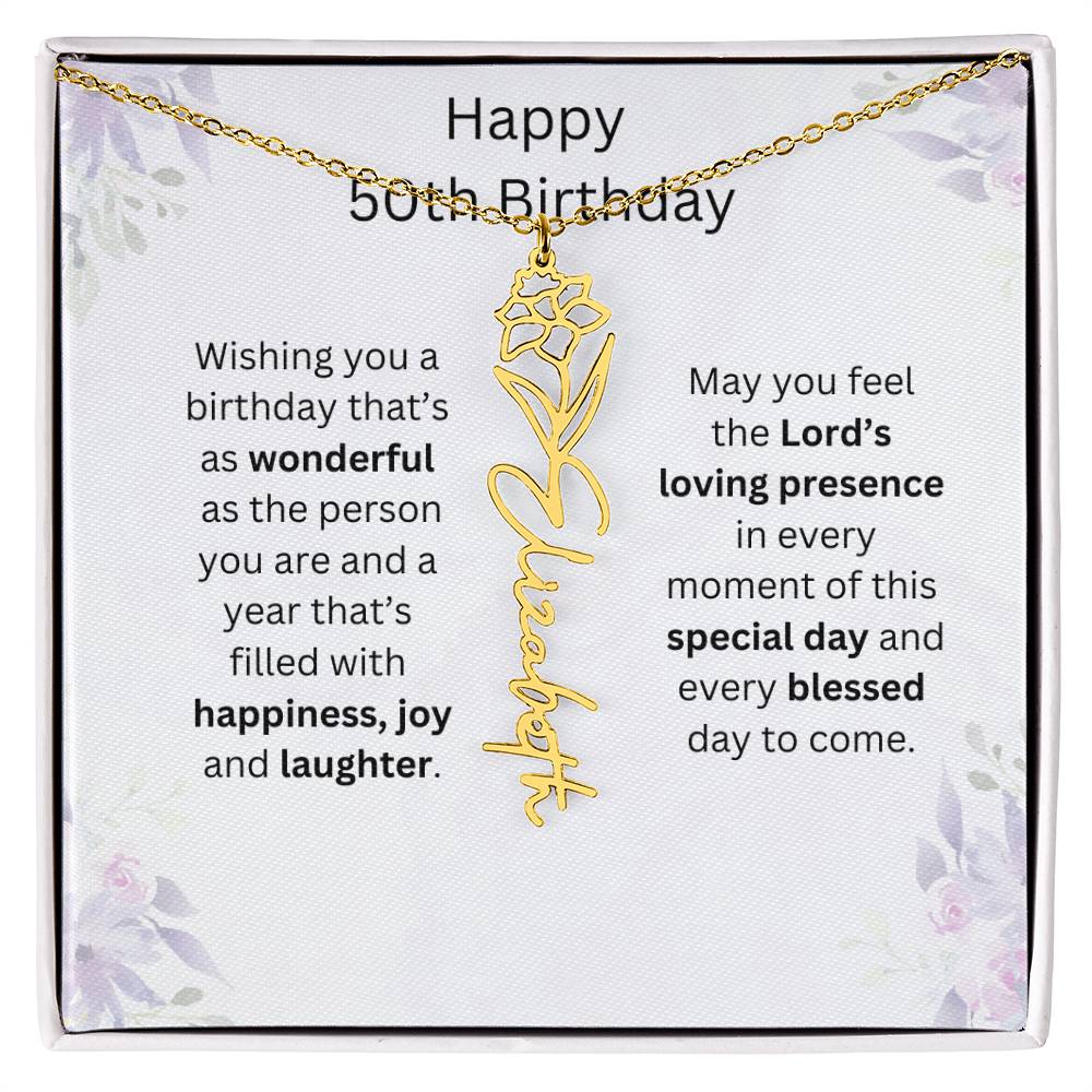 Wishing You Happiness, Joy & Laughter - Happy 50th Birthday | Flower Name Necklace