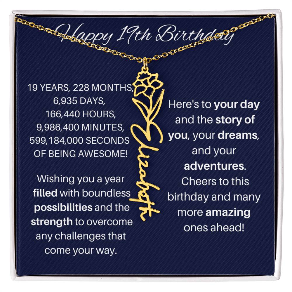 19th Birthday Birth Flower Necklace