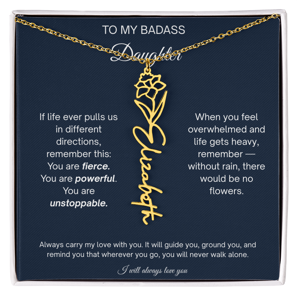 Badass Daughter Personalized Birth Flower Name Necklace