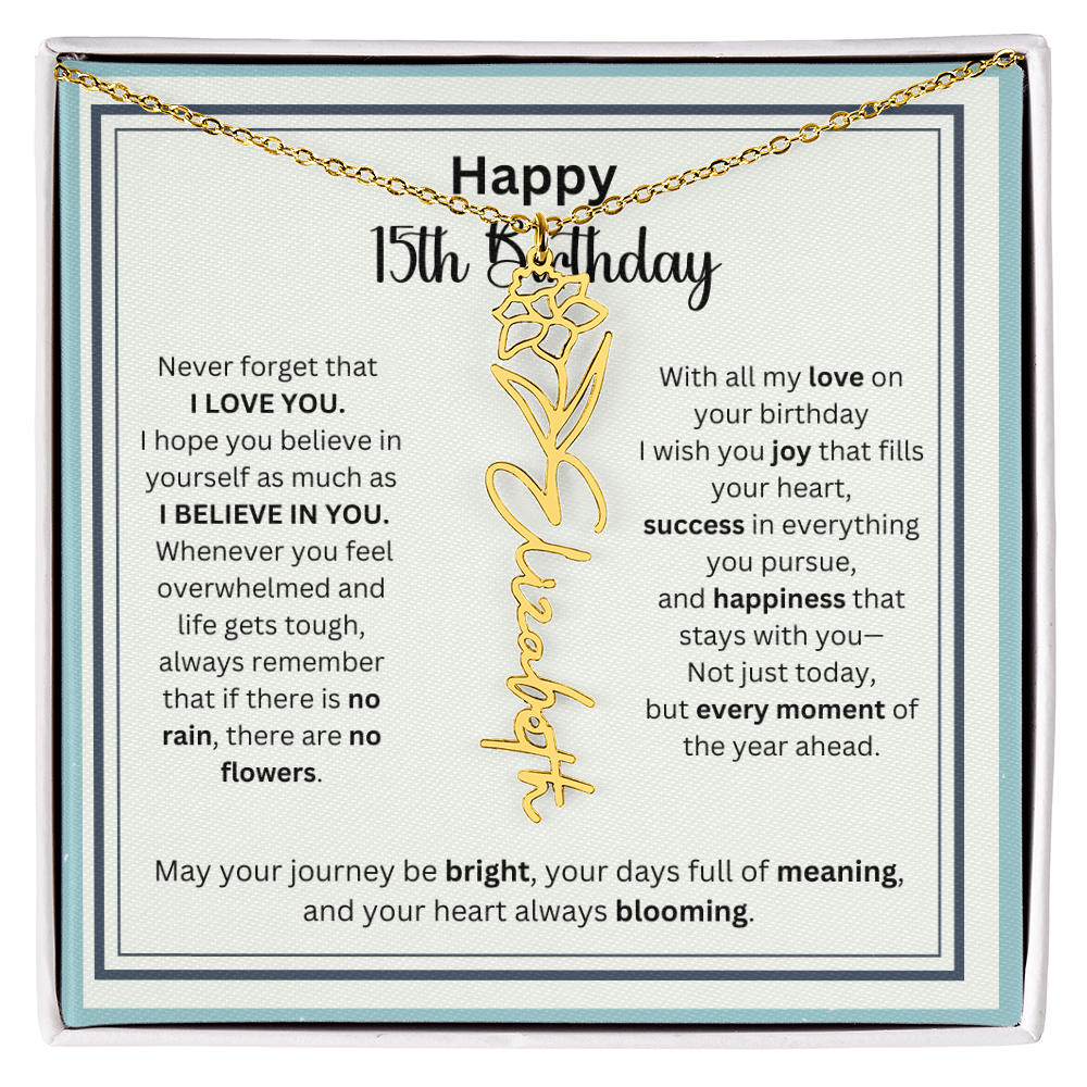Personalized 15th Birthday Gift for Her - Birth Flower Necklace with Card