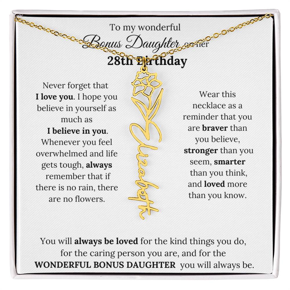 To My Wonderful Bonus Daughter On Her 28th Birthday | I Love You | Flower Name Necklace