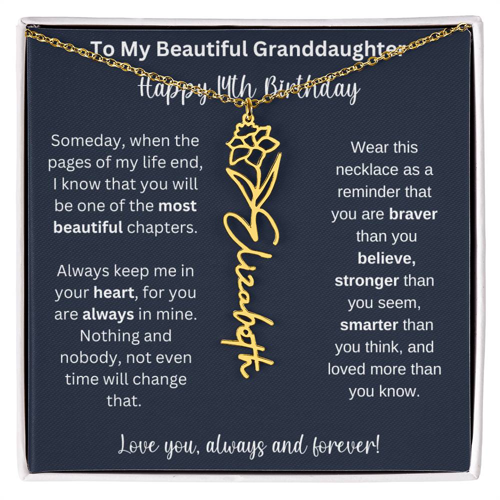 14th Birthday Gift For Granddaughter | Personalized Birth Flower Name Necklace