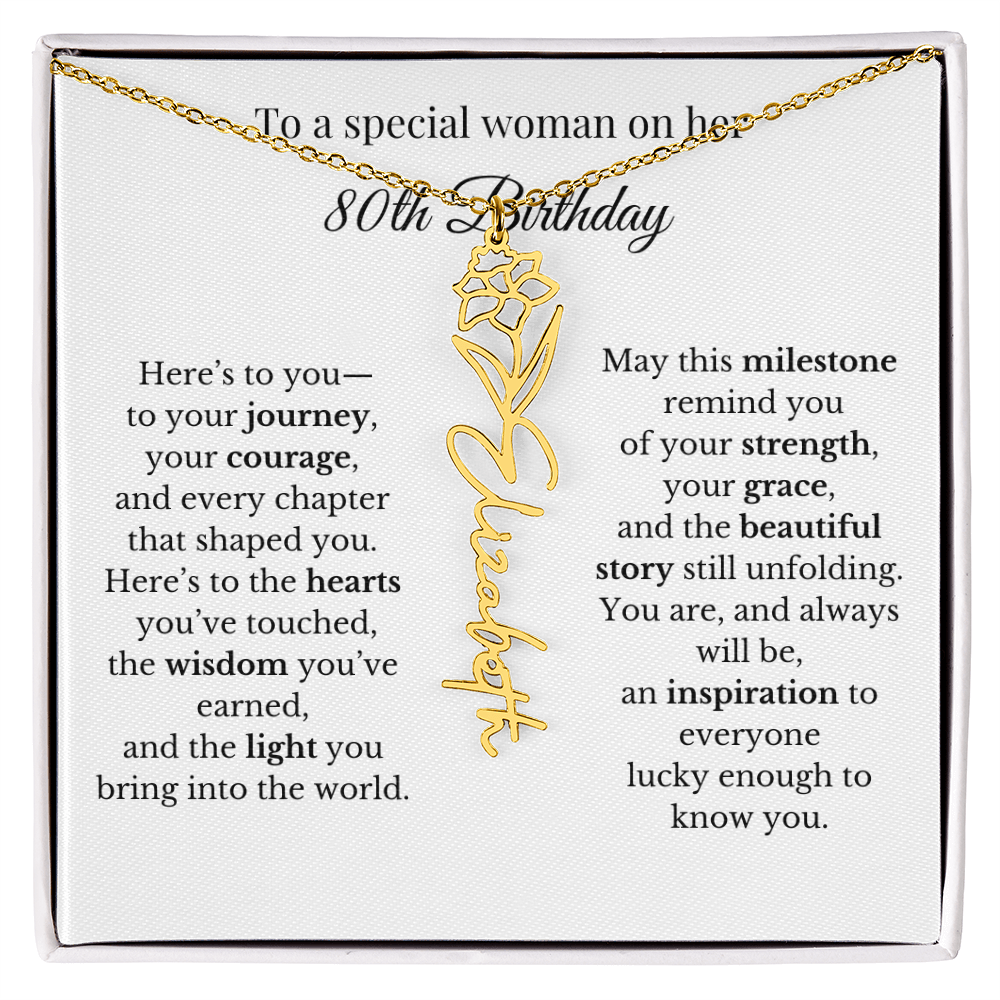 80th Birthday Gift To A Special Woman | Personalized Birth Flower Name Necklace