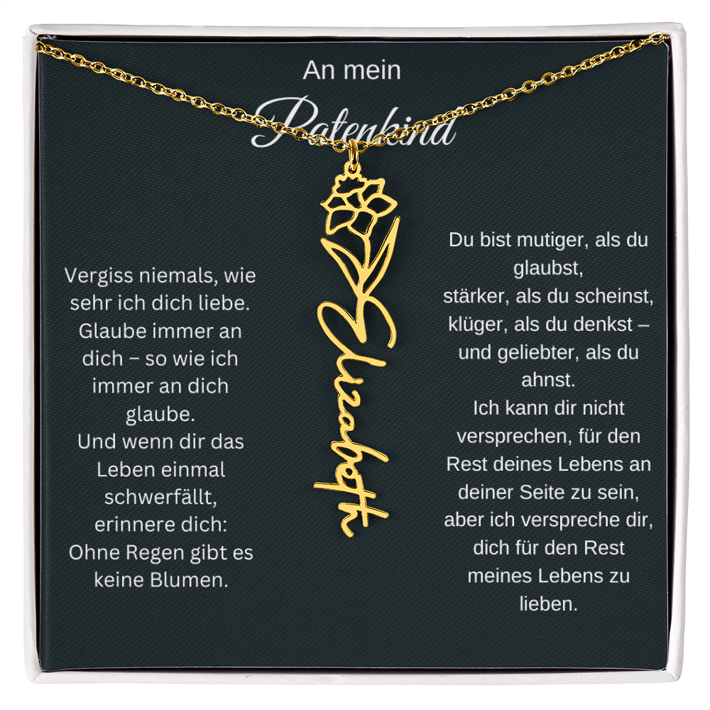 An mein Patenkind Geburtsblume Namenskette Silber Gold personalisierte Gravur