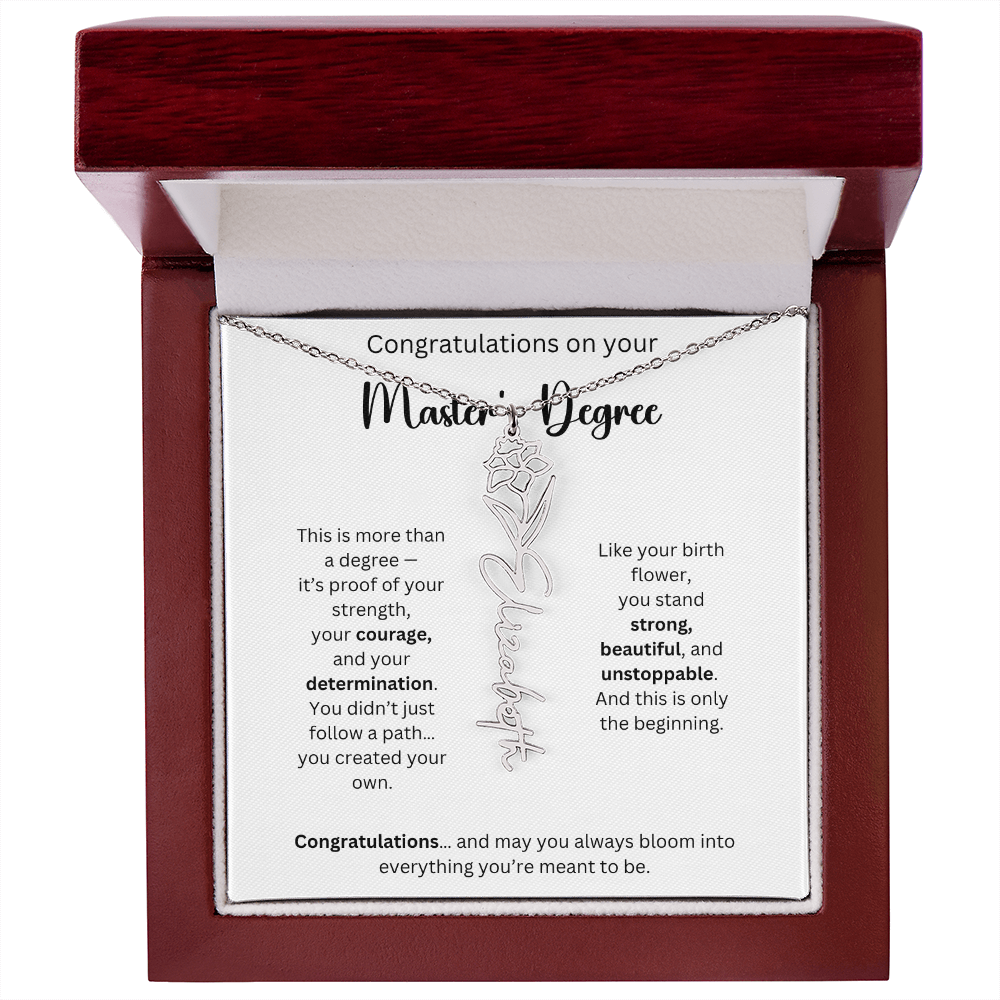 Masters Degree Graduation Gift - Personalized Birth Flower Name Necklace
