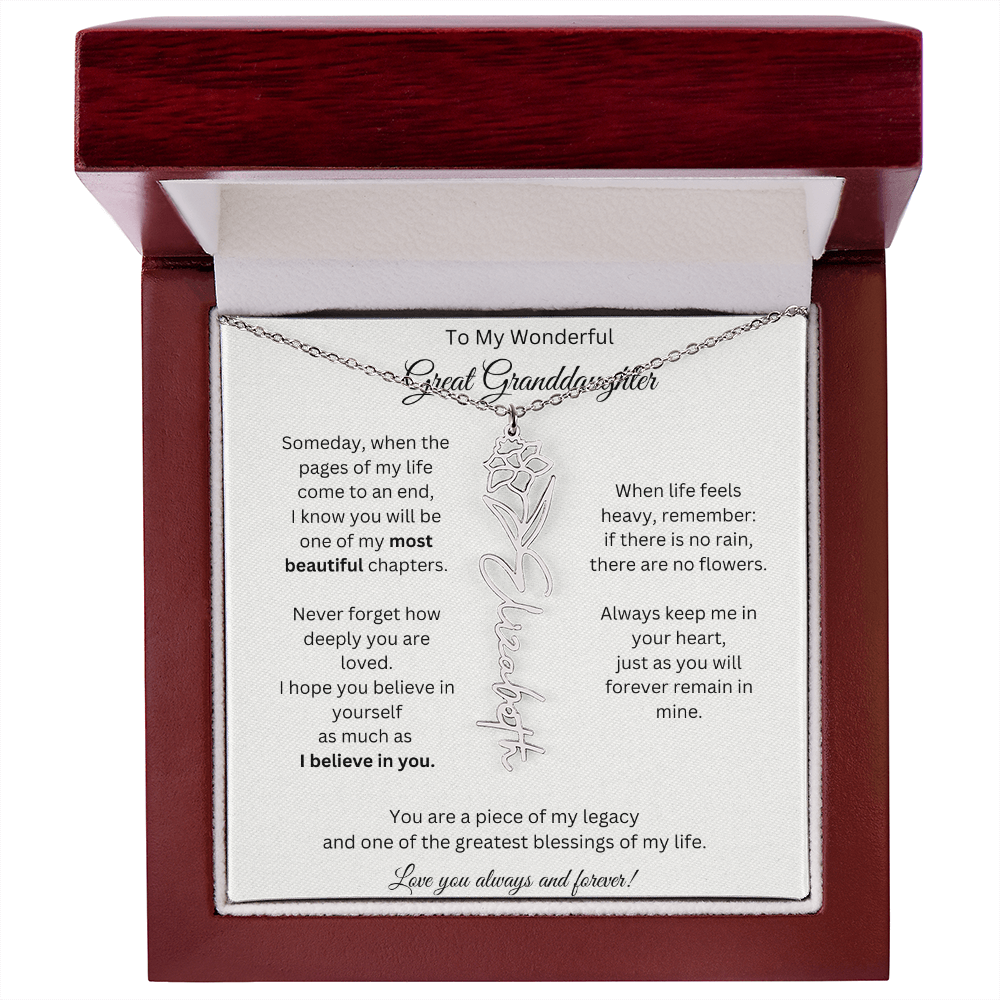Great Granddaughter Gift - Custom Birth Flower Name Necklace