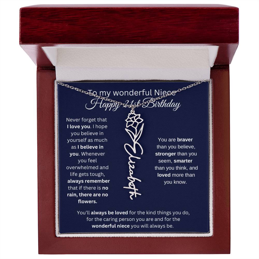 To My Wonderful Niece | Happy 21st Birthday | Flower Name Necklace
