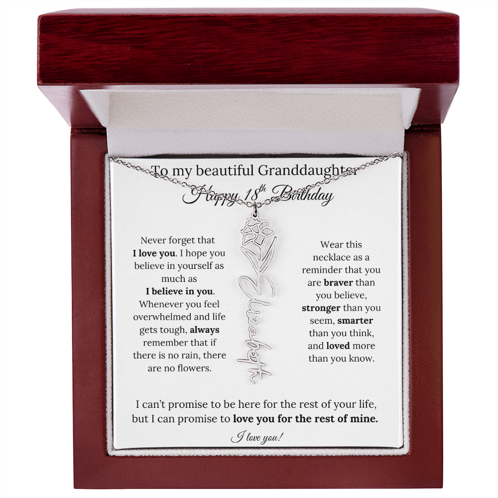 18th Birthday Gift for Granddaughter Flower Name Necklace with Message Card