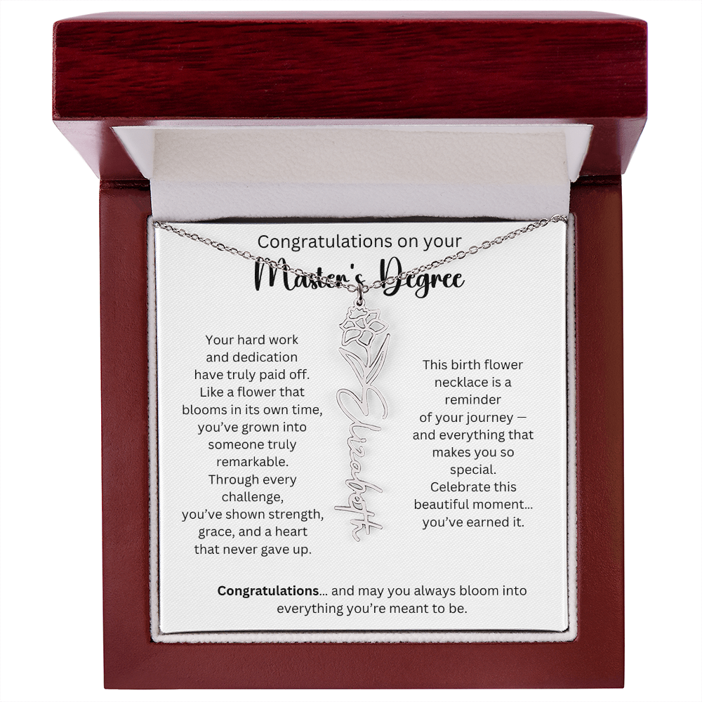 Personalized Masters Graduation Keepsake Gift - Birth Flower Name Necklace