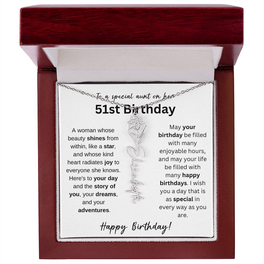 To A Special Aunt Happy 51st Birthday - Flower Name Necklace