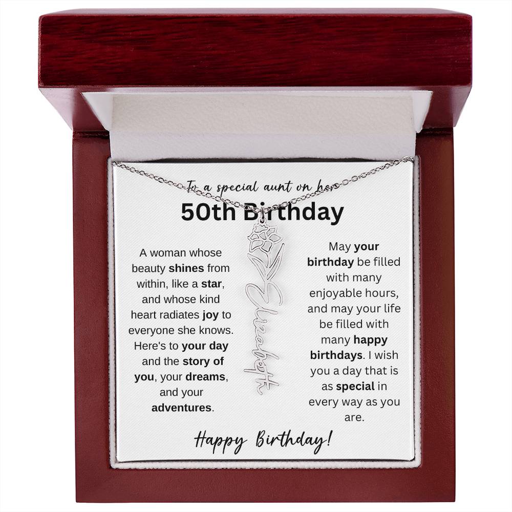 To A Special Aunt Happy 50th Birthday - Flower Name Necklace