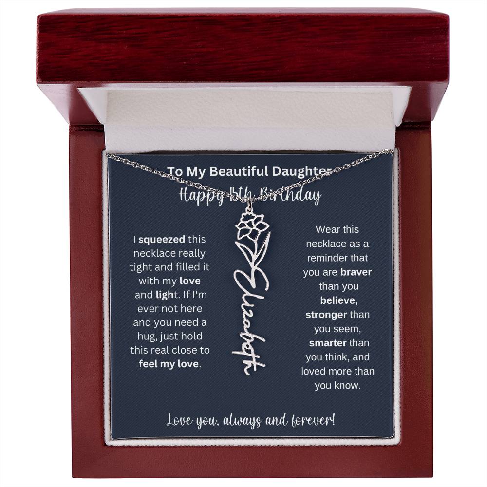 15th Birthday Gift For My Beautiful Daughter | Personalized Flower Name Necklace