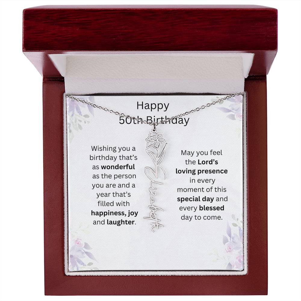 Wishing You Happiness, Joy & Laughter - Happy 50th Birthday | Flower Name Necklace