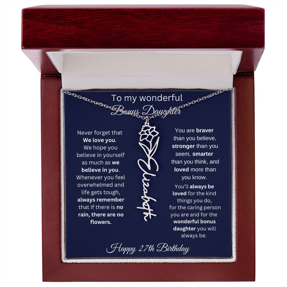27th Birthday Gift For Bonus Daughter - Personalized Birthmonth Flower Name Necklace