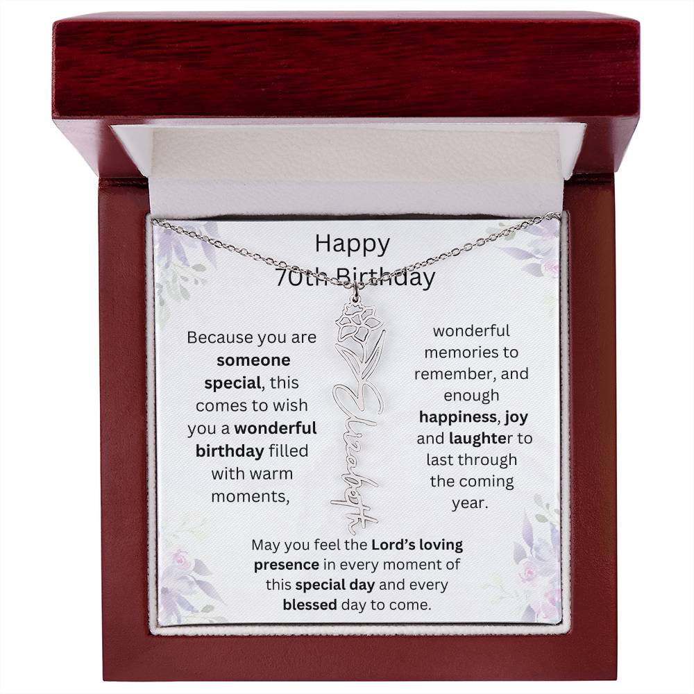 Wishing You Happiness, Joy & Laughter - Happy 70th Birthday | Flower Name Necklace