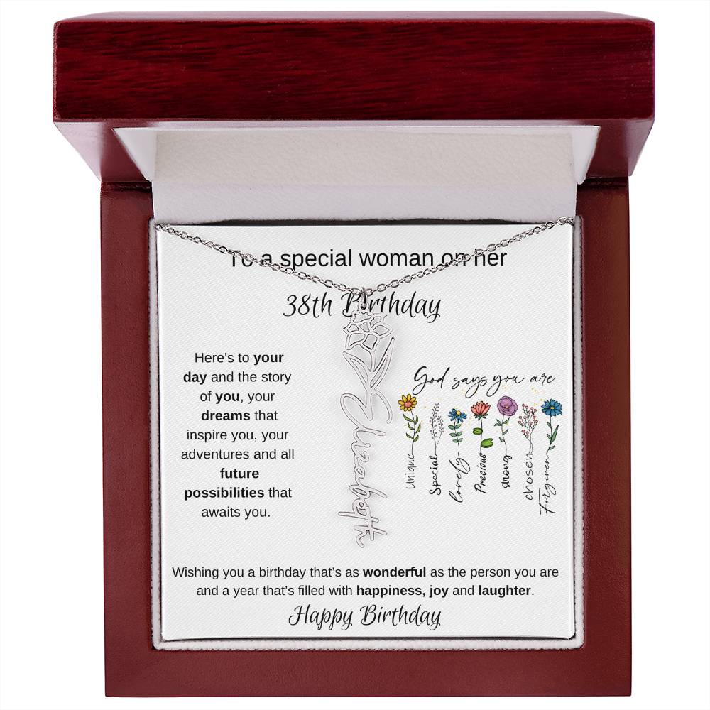 To A Special Woman On Her 38th Birthday - Flower Name Necklace