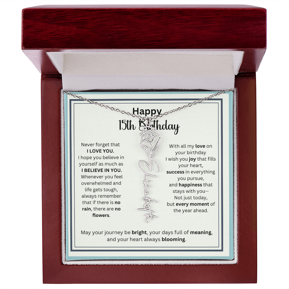 Personalized 15th Birthday Gift for Her - Birth Flower Necklace with Card