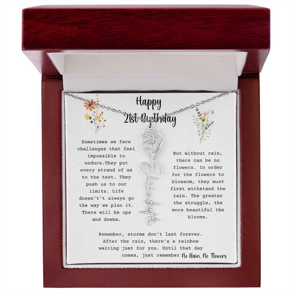 No Rain, No Flowers - Happy 21st Birthday - Flower Name Necklace