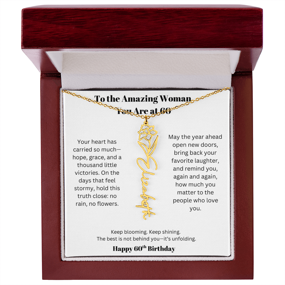 To The Amazing Woman | 60th Birthday Keepsake Jewelry | Flower Name Necklace