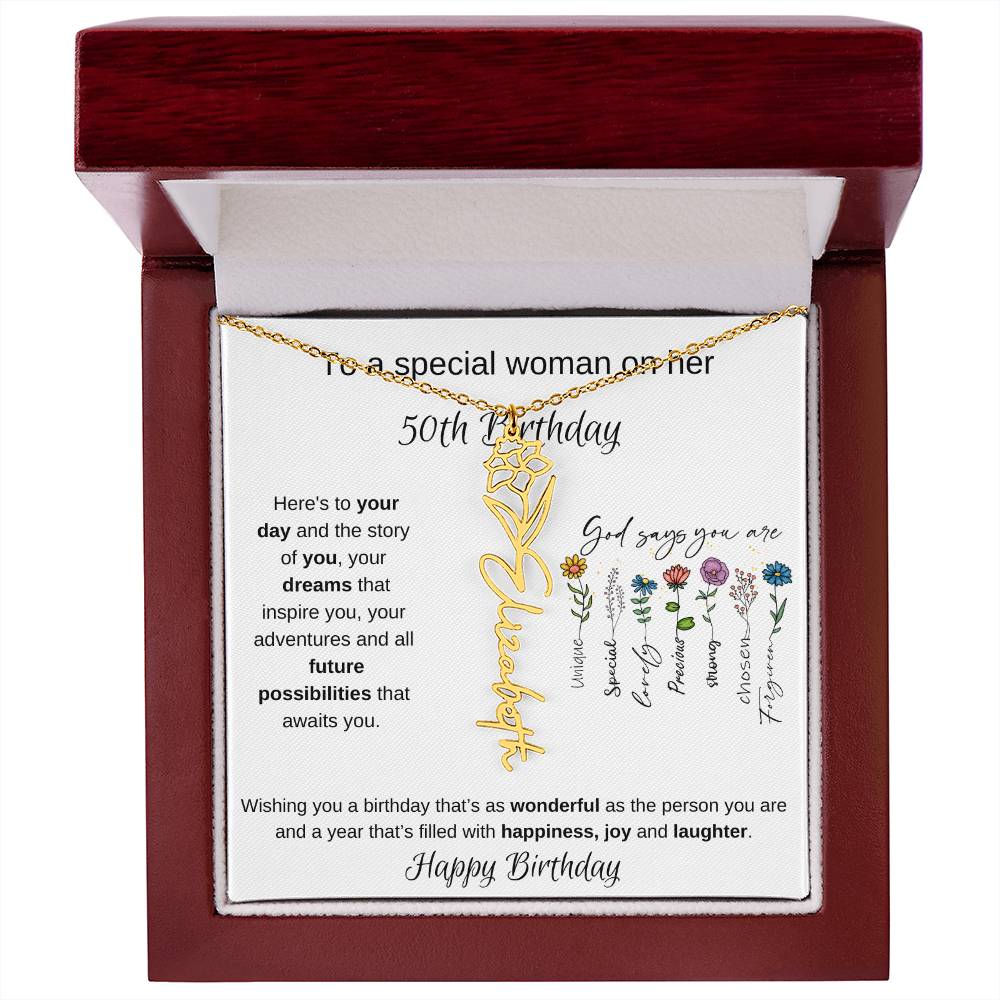 To A Special Woman On Her 50th Birthday - Flower Name Necklace