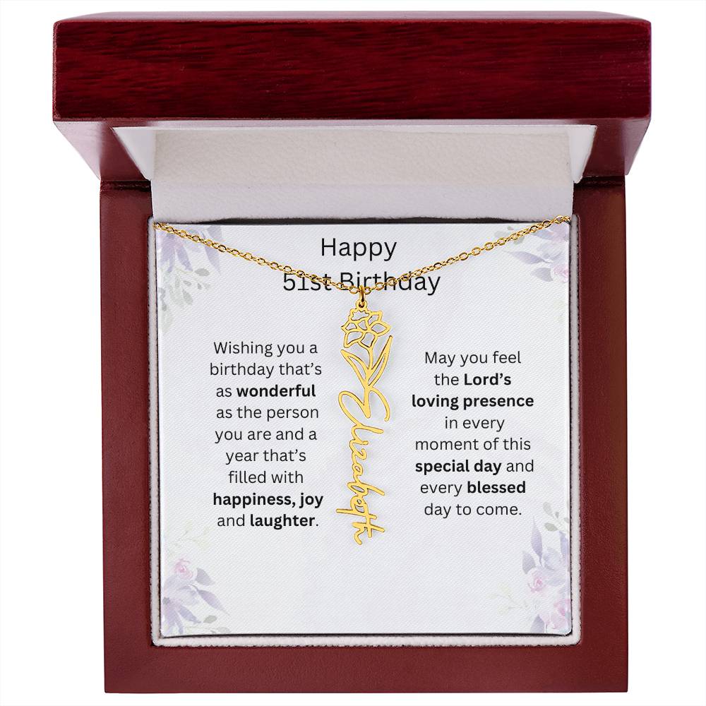 Wishing You Happiness, Joy & Laughter - Happy 51st Birthday | Flower Name Necklace