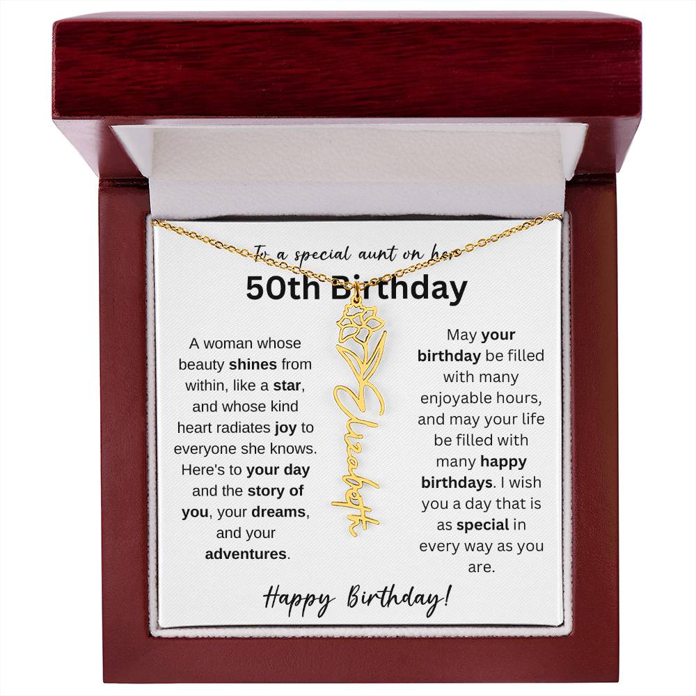To A Special Aunt Happy 50th Birthday - Flower Name Necklace