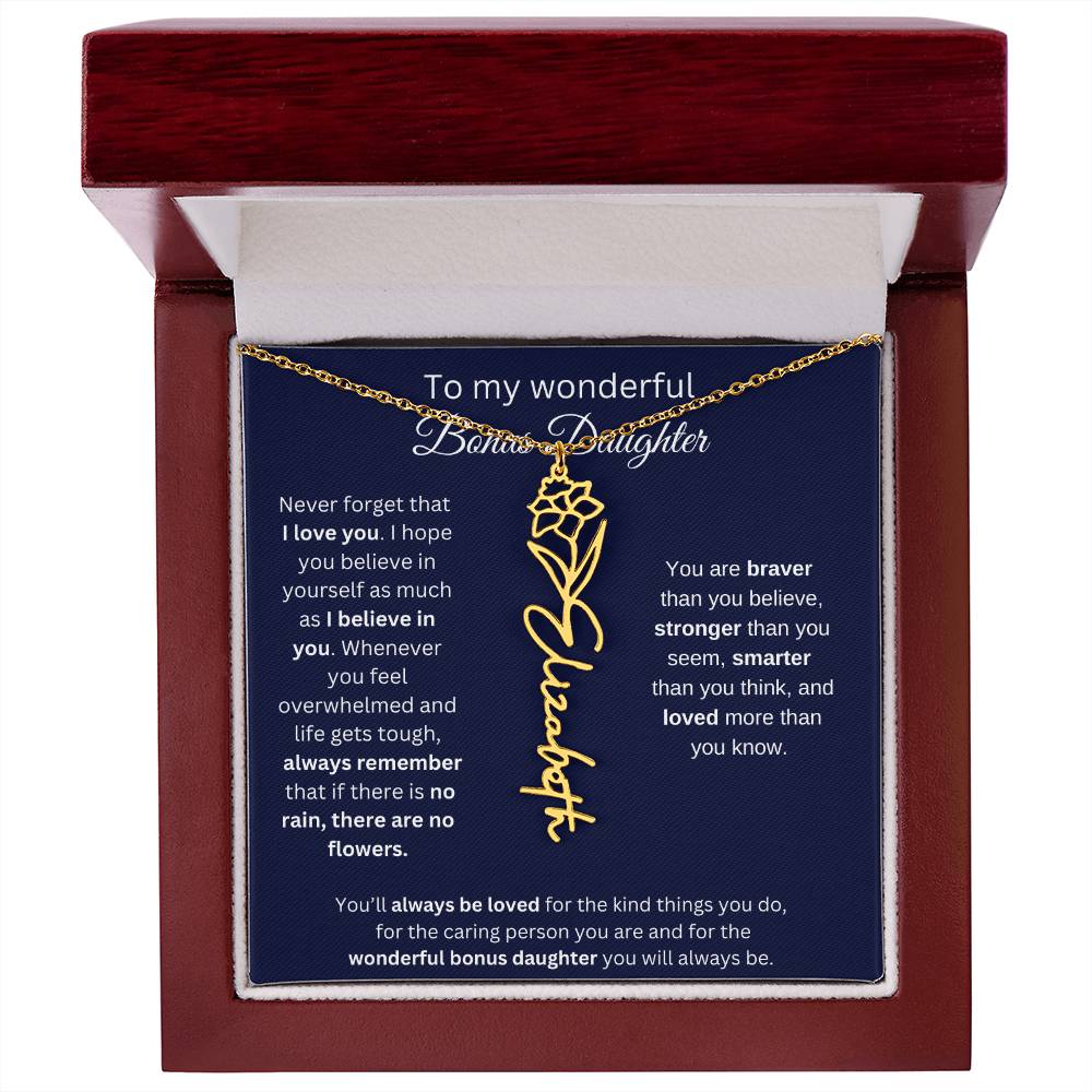 To My Wonderful Bonus Daughter - I Love You - Flower Name Necklace