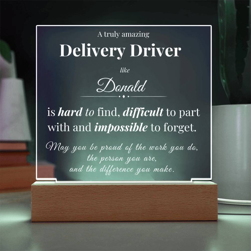 Custom Delivery Driver Desk Name Plate - Personalized Acrylic Plaque with LED Base