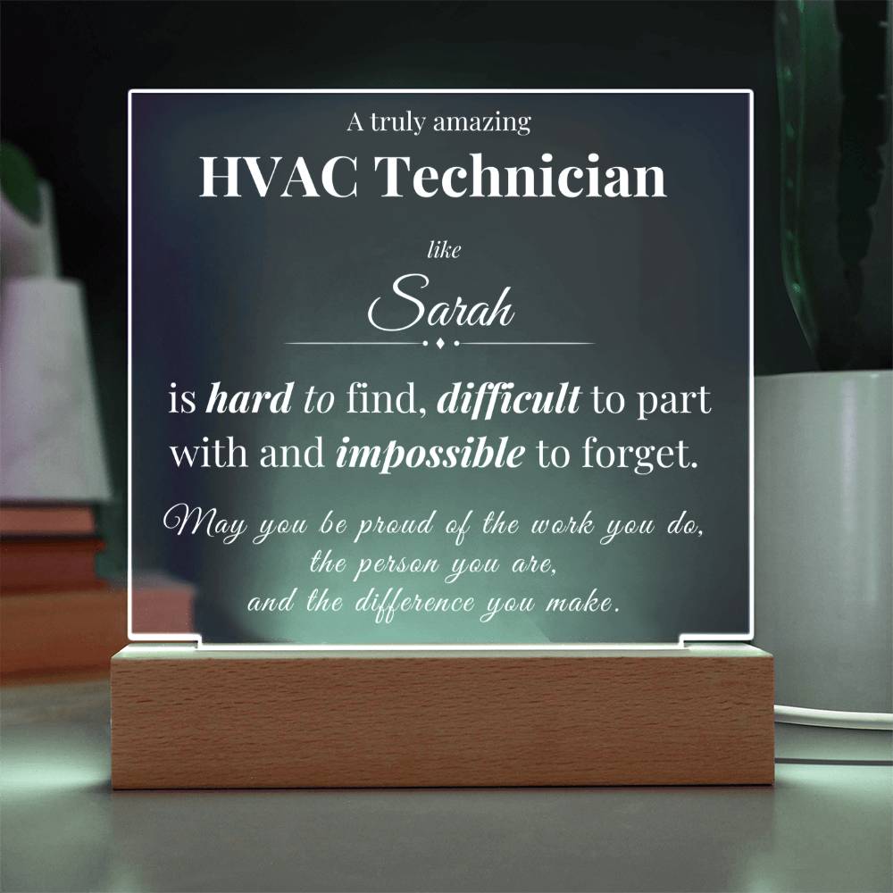 Custom HVAC Technician Desk Name Plate - Personalized Acrylic Plaque with LED Base