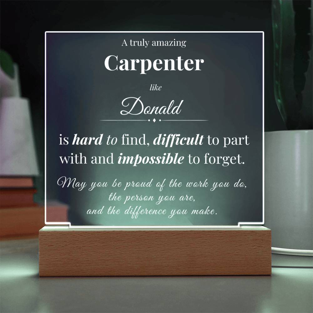 Custom Carpenter Desk Name Plate - Personalized Acrylic Plaque with LED Base