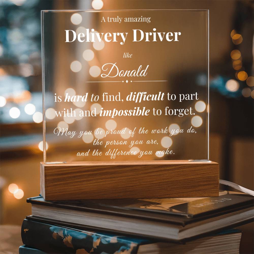 Custom Delivery Driver Desk Name Plate - Personalized Acrylic Plaque with LED Base