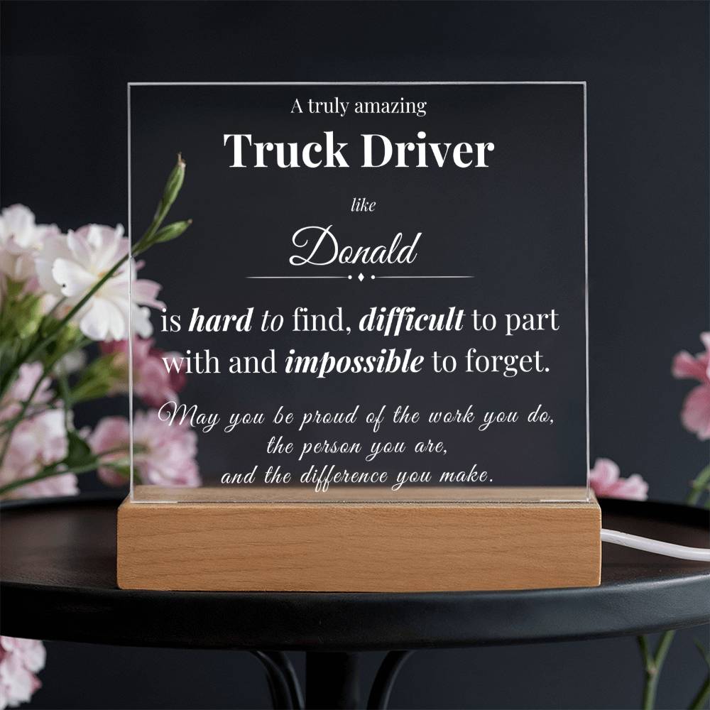 Custom Truck Driver Desk Name Plate - Personalized Acrylic Plaque with LED Base