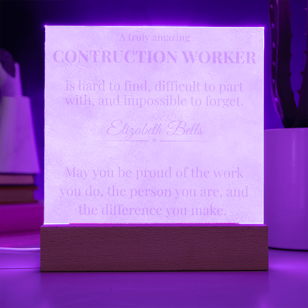 Personalized Construction Worker LED Engraved Acrylic Square Plaque