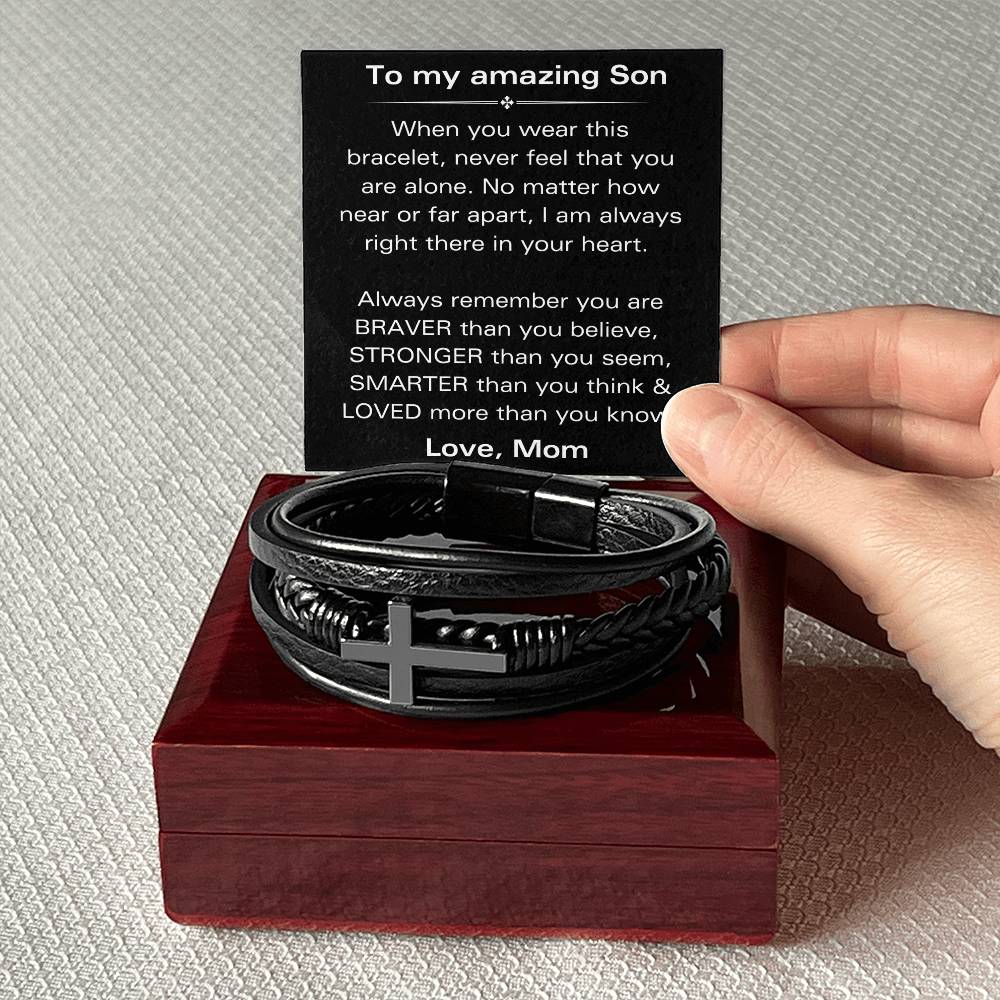 To My Amazing Son - You Are Braver Than You Believe - Men's Cross Bracelet