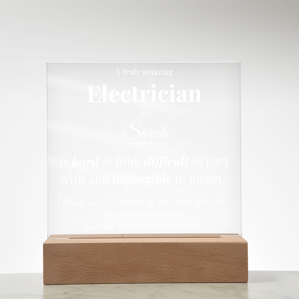 Custom Electrician Desk Name Plate - Personalized Acrylic Plaque with LED Base