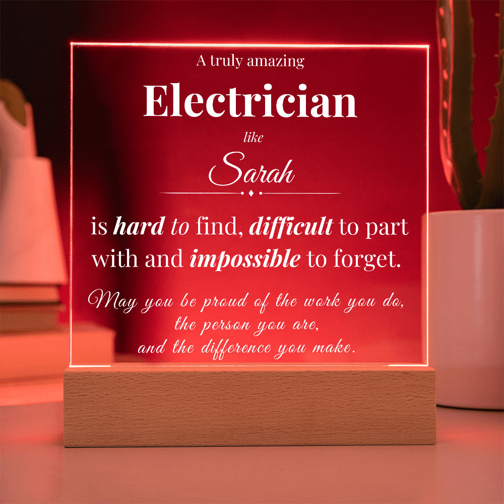 Custom Electrician Desk Name Plate - Personalized Acrylic Plaque with LED Base